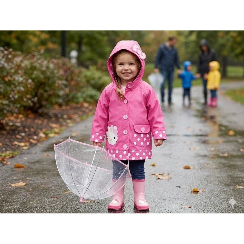 Western Chief Kids Hello Kitty Cutie Dot Pink Hooded Rain Coat Size 2T